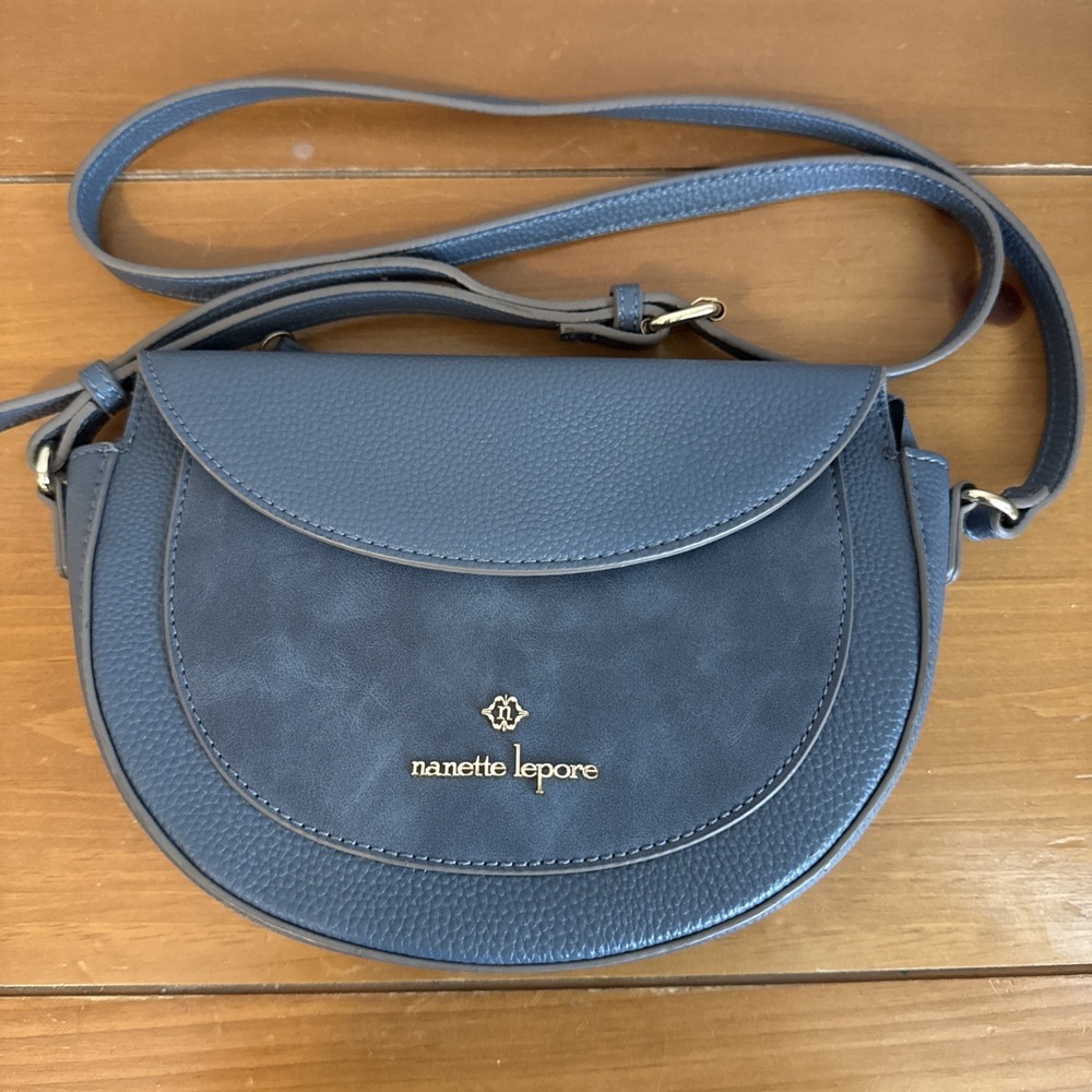 Nanette Lepore Half Moon Crescent Top Zip Flap Blue Faux Leather - Easter Spring